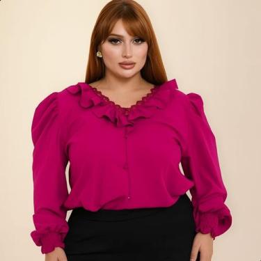 Imagem de Blusa Feminina Plus Size Manga Longa Gola V Rendinha Babado - G-Store,