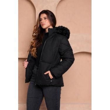 Imagem de Jaqueta Feminina Puffer com Capuz Peluciado Bobojaco Inverno COR:PRETO