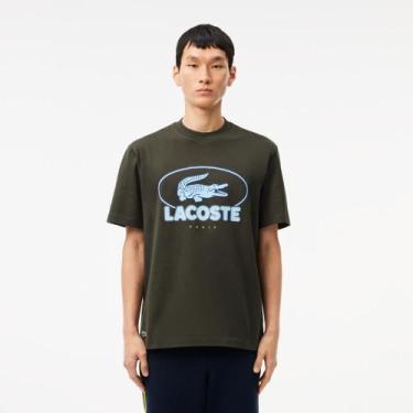 Imagem de Camiseta Lacoste gráfica de malha de algodão, Verde militar, S