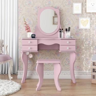 Imagem de Penteadeira Camarim Rosa Infantil Retrô 4 Gavetas com Espelho e Banco 