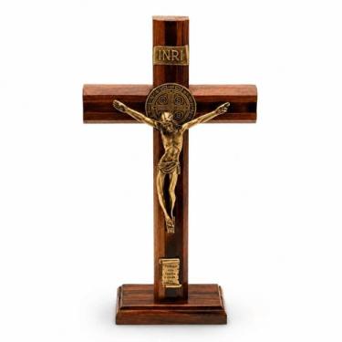 Imagem de Crucifixo Cruz Madeira São Bento 26cm Mesa ou Parede Ouro Velho Decora
