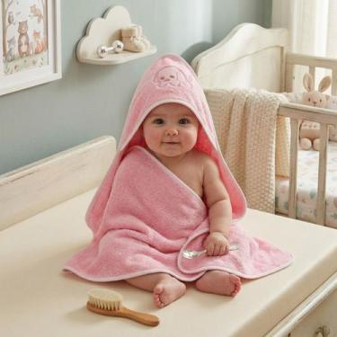 Imagem de Toalha Banho Bebê com Capuz Bordado Algodão Macio Grande 70x80cm Toque
