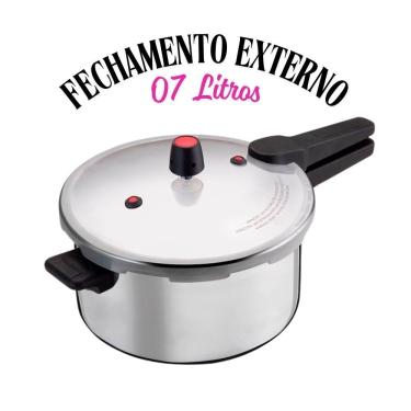 Imagem de Panela de Pressão Nacional Fechamento Externo Aço Polido Baquelite 7L com 2 Apitos Cabo Ultra Resistente