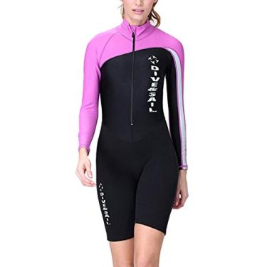 Imagem de Maiô feminino DIVE&SAIL de 1,5 mm de neoprene curto, com uma peça, proteção UV, proteção contra arranhões para mergulho, Long Sleeve/Purple, Small