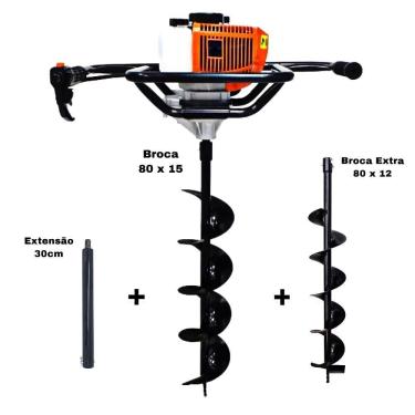 Imagem de KIT Perfurador de Solo Vulcan VPS520-S 2T 52CC 2,5HP com Broca 80x15cm + Broca Extra 80x12cm + Extensão Extra 30cm com Pino Trava