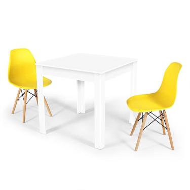 Imagem de Conjunto Mesa de Jantar Quadrada Sofia Branca 80x80cm com 2 Cadeiras Eames Eiffel - Amarelo