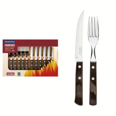 Imagem de Jogo de Talheres para Churrasco Tramontina em Aço Inox com Cabo Castanho Polywood 12 Peças Tramontina