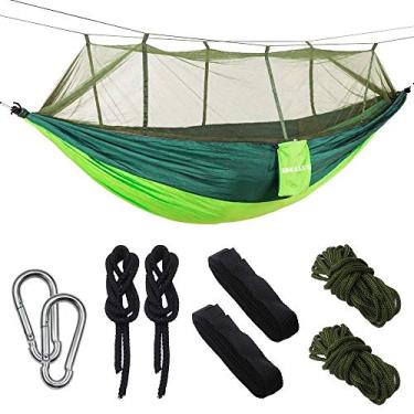 Imagem de Rede de acampamento IDEALUX com rede – Rede de paraquedas dupla portátil e leve – Feita de nylon 210T de alta capacidade e resistência a rasgos – Perfeita para acampamento em rede, relaxamento no quintal Dark Green