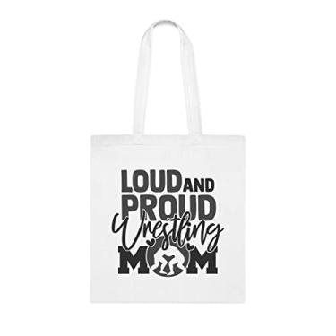 Imagem de Sacola engraçada Loud And Proud Wrestling Mom, para mãe, bolsa de ombro para mãe, bolsas reutilizáveis para mamães, presente para mães da filha favorita, filho e filhos, Branco