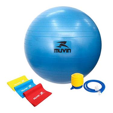 Imagem de Kit Muvin com Bola de Pilates 65cm Muvin – Antiestouro – Suporta até 300kg – Com Bomba + Kit 3 Faixas Elásticas – Tamanho 150cm x 15cm - 3 Intensidades Diferentes – Fitness – Yoga - Exercícios (Azul)