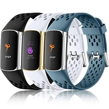 Imagem de Maledan Pulseira Esportiva de Substituição Macia à Prova D'água Compatível com Fitbit Charge 5/Charge 6, Preta/Branca/Azul Aço