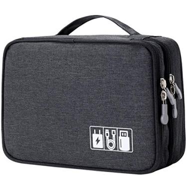 Imagem de Bolsa organizadora de cabos de viagem, estojo de acessórios eletrônicos, bolsa de armazenamento portátil de camada dupla para cabo, telefone, carregador, pen drive, telefone, cartão SD, itens pessoais - (preto)