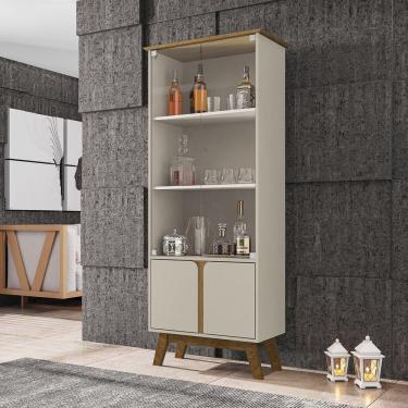 Imagem de Cristaleira Retrô Portas de Vidro Fecho Magnético Pés Madeira Madri Móveis Bechara Off White/Cinamomo