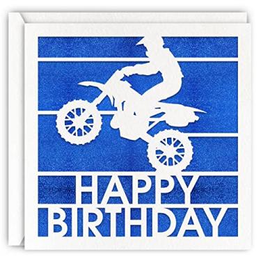 Imagem de Cartão de aniversário de motocicleta azul, cartão de felicitações com glitter cortado a laser para homens, marido, meninos
