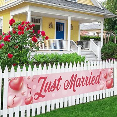 Imagem de Just Married Grande Banner, Placa de varanda de casamento, placa de gramado, decorações rústicas de recepção de casamento, pano de fundo externo interno 2,5 x 4,5 m