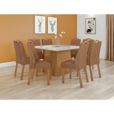 Imagem de Conjunto de Mesa de Jantar Quadrada com Tampo de Vidro Off White e 8 Cadeiras Nevada Caramelo e Amêndoa