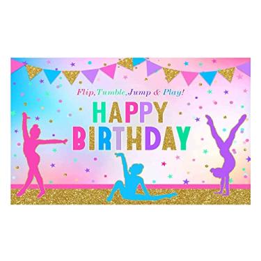 Imagem de Funnytree 208 cm x 150 cm Rainbow Gymnastics Tema de Aniversário Festa Pano de Fundo para Meninas Ginastas Tumbling Flip Jump Discos de Decoração de Mesa de Bolo Banner Adereços de cabine de fotos Fundo de fotografia