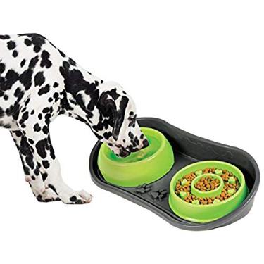 Imagem de Bandeja antiderrapante Because of Paws para animais de estimação – com 2 tigelas para desacelerar – para cães pequenos a médios – Protege o chão de comida e água