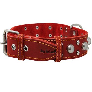 Imagem de Coleira para cachorro vermelha real de 3,8 cm de largura e couro grosso. Serve para pescoço de 43 a 55 cm, raças grandes.