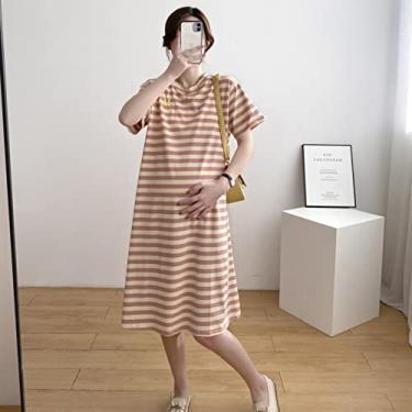 Imagem de Vestido de grávida, estampa listrada simples comprimento médio ajuste solto camiseta vestido confortável manga curta para mulheres grávidas para o verão (laranja rosa M)