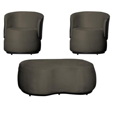 Imagem de Kit 2 Poltronas e 1 Puff Grande Estilo Orgânico Beatriz Veludo Composê Corino Preto - Estopar