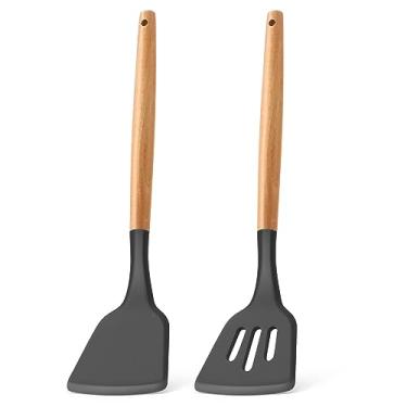 Imagem de E-far Espátula de silicone, pacote com 2 espátulas de cozinha resistentes ao calor para panelas antiaderentes, espátula de borracha sólida com fendas para peixes, ovos, panquecas (cinza)