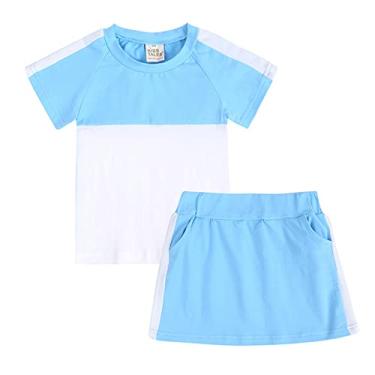 Imagem de Camiseta infantil unissex de verão com saia macia de algodão patchwork, 2 peças, calça fofa para adolescentes e meninas, Azul, 13-14 Anos