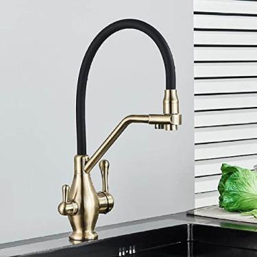Imagem de Filtro de latão preto torneira da cozinha água pura 360 girar guindaste alça dupla purificação cozinha quente e fria torneira misturadora de água potável, ouro escovado A