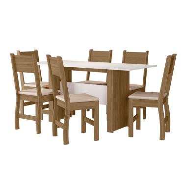 Imagem de Conjunto de Mesa de Jantar Retangular com Tampo MDP Off White e 6 Cadeiras Milano Revestimento Sintético Bege e Carvalho
