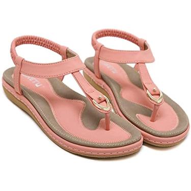 Imagem de Sandálias de salto baixo com tira em T para mulheres boêmias metálicas sandálias femininas estilo tanga aconchegante verão praia, rosa, 37