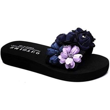 Imagem de XBAO Sandália feminina moderna plataforma salto baixo confortável verão viagens flores flatform arco suporte sandália deslizante, Flor preto/azul marinho, 35