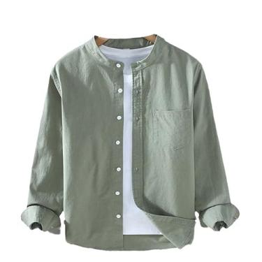 Imagem de Camisa masculina japonesa de algodão de linho fina, estilo Harajuku, gola alta, manga comprida, blusa casual respirável, Cinza En8, P