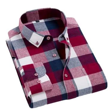 Imagem de Camisa xadrez masculina de flanela outono slim manga longa formal para negócios camisas quentes, T0c01011, P
