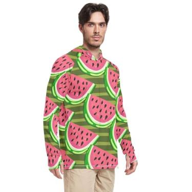 Imagem de Moletom masculino com capuz e manga comprida com estampa de melancia FPS 50 + camiseta de sol com capuz para pesca masculina Rash Guard UV, Fatias de melancia vermelho verde, GG
