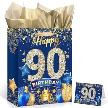 Imagem de Saco de presente de aniversário de 90 anos, grande, azul marinho, dourado, feliz, 90 anos, saco de presente com cartão de felicitações e papel de seda para homens e mulheres, azul, lembrancinhas de