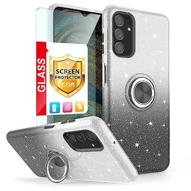 Imagem de TJS Compatível com Samsung Galaxy A14 5G, com protetor de tela de vidro temperado, anel de metal suporte magnético suporte tom brilhante glitter meninas mulheres protetor capa de telefone (preto/branco)
