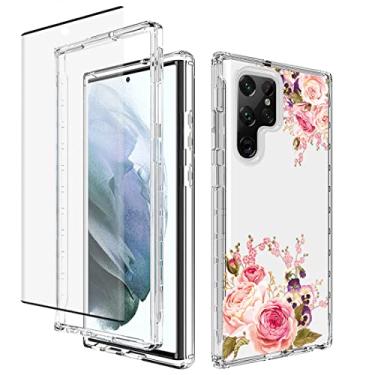 Imagem de Vavies Capa para Galaxy S22 Ultra, SM-S908U com protetor de tela de vidro temperado, capa de telefone transparente com design floral para Samsung Galaxy S22 Ultra 5G (flor rosa)