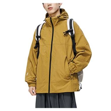 Imagem de Jaqueta masculina leve, corta-vento, cor combinando com chuva, casaco de ciclismo com capuz e gola, Amarelo claro, XXG