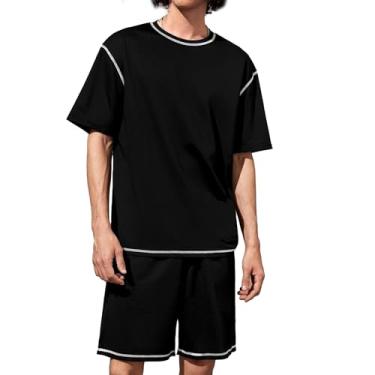 Imagem de Aulemen Conjunto de 2 peças de short masculino casual de verão com cordão, moda atlética, conjunto de camiseta e shorts, Preto, G