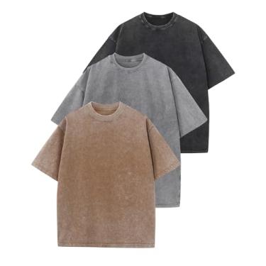 Imagem de Wyeysyt Pacote com 3 camisetas masculinas grandes vintage folgadas de algodão manga curta casual lavagem ácida camisetas unissex, Cáqui cinza preto, GG