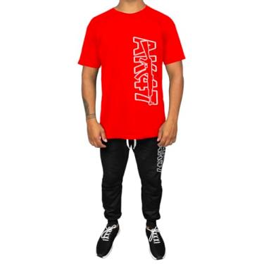 Imagem de Kit Conjunto Masculino Camiseta Algodão e Calça Moletom Casual Estampado Ak (Vermelho, P)