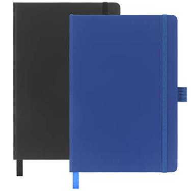 Imagem de Songaa Caderno A5, pacote com 2, diário de papel pautado de capa dura com alça de caneta, caderno com fecho elástico e marcador de página de fita, bloco de notas, caderno de anotações, bloco diário preto + azul