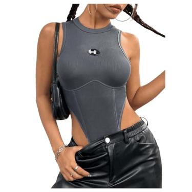 Imagem de SweatyRocks Body feminino com gola redonda, sem mangas, letra Y2K, caimento justo, camiseta regata, Cinza, Petite-L