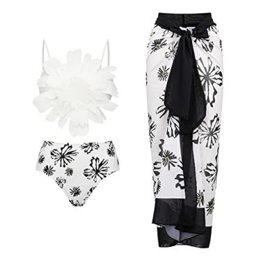 Imagem de Conjunto de biquíni feminino com saída de praia com estampa floral, sarongue de verão, 3 peças, saída de praia com saia, Branco, P