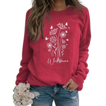 Imagem de OEFJIH Moletom feminino de flores silvestres engraçado, estampa floral, pulôver, casual, moderno, vintage, camiseta, Vermelho, GG