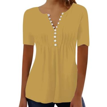 Imagem de Camiseta feminina casual plissada gola redonda botão aberto manga curta solta camiseta top leopardo, Caqui, GG