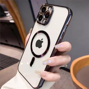 Imagem de Capa de carregador sem fio magnética transparente revestida de luxo para iPhone15 14 13 12 11 Pro Max X XR XS 7 8 Plus Capa de silicone, preta, para iPhone 12 Pro