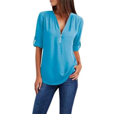 Imagem de Camisetas femininas de manga curta enroladas com zíper e gola V, blusas femininas de chiffon cor sólida casual de verão blusas elegantes soltas, Azul-celeste, 5G