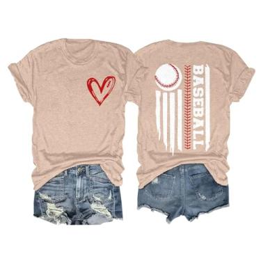 Imagem de Camiseta de beisebol feminina com bandeira americana, casual, manga curta, beisebol, estampa de coração, 4 de julho, camisetas patrióticas, camisetas engraçadas, Bege, GG