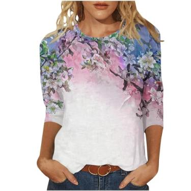 Imagem de Camiseta casual de manga 3/4 para mulheres, outono, verão, moderno, retrô, estampa de flores silvestres, pulôver, blusas, confortáveis e soltas, Z2 - rosa quente, G